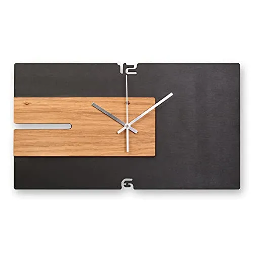 Moderne Designer Holz Wanduhr mit leisem Quarzuhrwerk - Elegante Wanduhr aus schwarzem MDF & Eiche, handgefertigt in Deutschland. Mit kratzfester Oberfläche und wahlweise leisem Quarzuhrwerk für ein ruhiges Ambiente. Größe: ca. 50x25cm, inkl. Montagematerial.