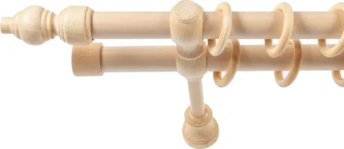 SN Deco Filigrano Gardinenstange 28mm, 2-Lauf, Holz, Natur, 120cm - Stabile Gardinenstange aus Massivholz mit 28 mm Durchmesser. Ideal für leichte bis mittelschwere Vorhänge. Komplettset mit Ringen und Montagezubehör für einfache Installation.