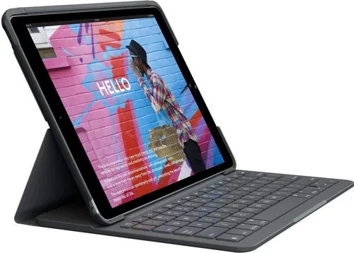 Logitech Slim Folio für iPad (7., 8. und 9. Generation) - Kabelloses Tastatur-Case in Graphit - Wii U - Komfortables Tippen mit iOS-Tasten und 4 Jahre Batterielaufzeit, bietet Rundumschutz für Ihr iPad.