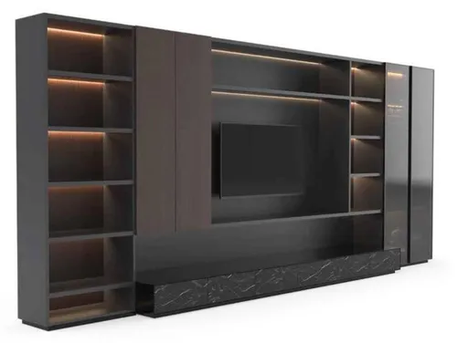 Moderne Wohnwand Schrankwand in Braun aus Massivholz - Stilvolle Wohnwand für das Wohnzimmer, gefertigt aus robustem Massivholz. Bietet viel Stauraum mit 4 Türen, 6 Schubladen und 19 Regalfächern. Ideal für eine moderne Einrichtung.