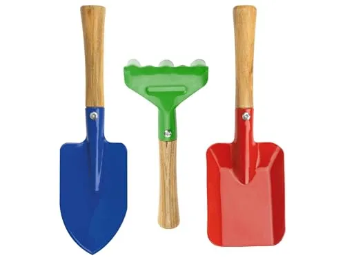 Przydasie Kinder Gartenwerkzeug-Set mit Holzgriffen, Metallspaten, Schaufel und Rechen – ideal für Kinder ab 3 Jahren, Lernen und Spaß im Garten, robust und sicher