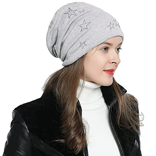 DonDon Mütze Damen Wintermütze Slouch Beanie gefüttert mit Stern Glitzersteinen Silber rosa - hellgrau
