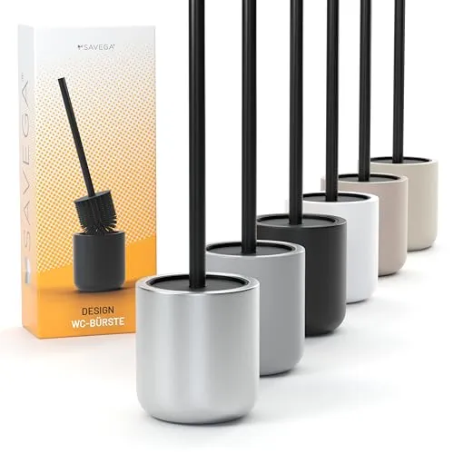 SAVEGA - Klobürste Edelstahl Silikon - Toilettenbürste mit Halter im Set - WC Bürste mit antibakteriellem Kopf - WC Garnitur - Eleganter Klobürstenhalter - Toilet Brush - Silber