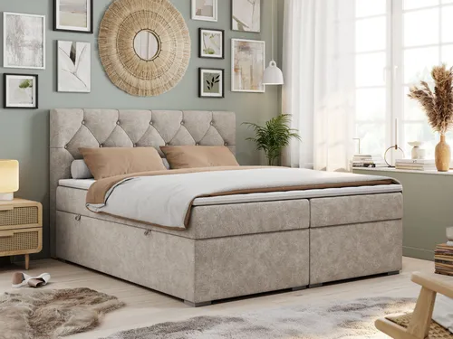 Boxspringbett 200x200 mit Bettkasten und Matratze - ALDA in Beige - Bequemes Boxspringbett mit 7-Zonen-Taschen-Federkernmatratzen und praktischen Bettkästen für zusätzlichen Stauraum. Ideal für stilvolle Schlafzimmer.