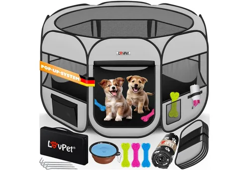 Lovpet Laufstall für Welpen und Kleintiere - Faltbarer Laufstall für Indoor und Outdoor, schnell auf- und abgebaut dank Pop-Up System, ideal zum Schutz und zur Überwachung von Welpen und Kleintieren.