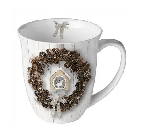Ambiente Luxury Paper Products Becher Porzellan Tasse, Tiere-Pflanzen, Herbst-Winter- Frühling -Sommer Mug, 1-tlg., Porzellan Kollektion, Kaffeetasse Teetasse Wintertasse, Weihnachtstasse, pine tree cones, Zapfen, Zweige, Landhaus, Tannenzapfenkranz, Kranz, Tee/Kaffee - ideal als Geschenk geeignet