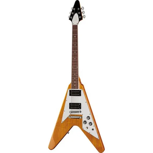 Gibson 70s Flying V Antique Natural - Gitarren, Original Collection mit Mahagoni-Korpus und Palisander-Griffbrett, ausgestattet mit 2x 70s Tribute Humbucker für erstklassigen Klang, inklusive Hartschalenkoffer.