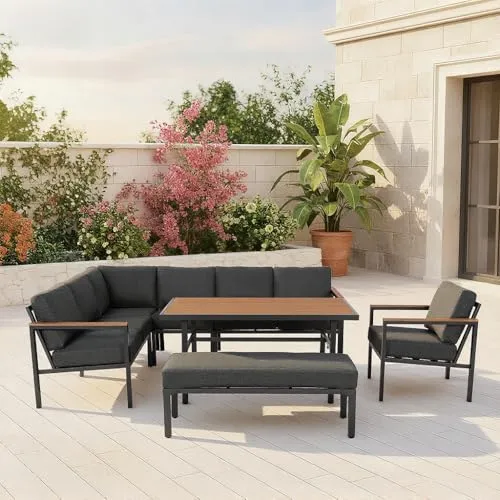 Gardissimo Norton Links Dining Lounge Set mit Ecksofa, Tisch, Sessel und Bank - Komplettes Gartenmöbel Set für bis zu 10 Personen. Wetterfestes Aluminiumgestell und pflegeleichte, handwaschbare Kissen sorgen für langlebigen Komfort und Stil im Freien.