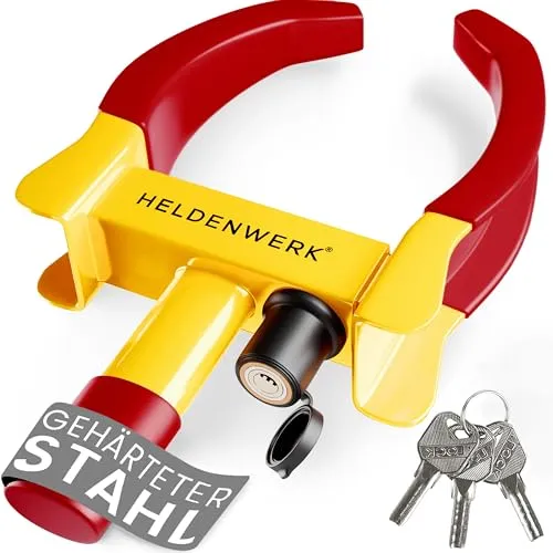 HELDENWERK® Parkkralle Radkralle mit Hochsicherheitsschloss & 3 Schlüsseln | Für 18-30cm Reifenbreite, für Auto, Anhänger & Wohnmobil, Kratzfeste Gummibeschichtung, Wetterbeständig, Schnelle Montage