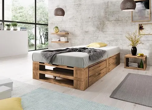 Lermowood Palettenbett M2 aus Holz 120 x 200 cm Eiche mit Lattenrost und 2 Bettkästen Holzbett 30cm Stabiles Seniorenbett Kinderbett Jugendbett Gästebett erhöhtes Bettgestell Futonbett Komforthöhe