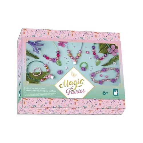 Janod - 7 Schmuckstücke zum Selbermachen - Thema Feen - Les Ateliers Bijoux - Schmuckschatulle inbegriffen - Kit Kreatives Gestalten Kinder - Lernen Feinmotorik und Konzentration - Ab 6 Jahre - J09176