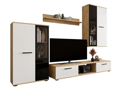 Mirjan24 Wohnwand Salsa: Modernes Wohnzimmer Set - Wohnwände - elegante und funktionale Design Mediawand in Eiche Artisan/Weiß, ideal für stilvolle Wohnzimmergestaltung.