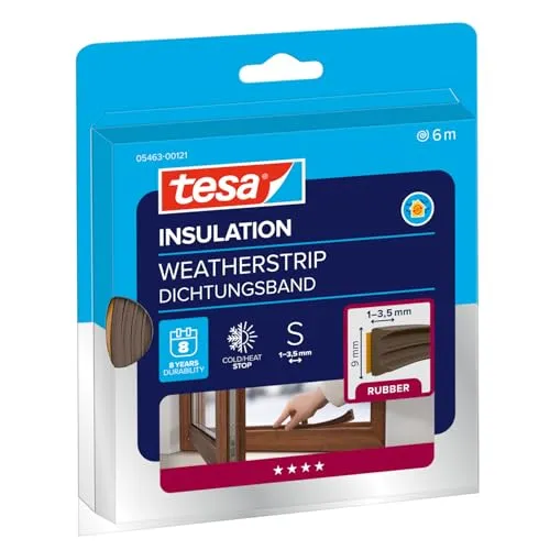 tesa INSULATION Dichtungsband S -Selbstklebende Gummidichtung zum Isolieren von Spalten an Fenstern und Türen - Braun - 6 m x 9 mm x 4 mm