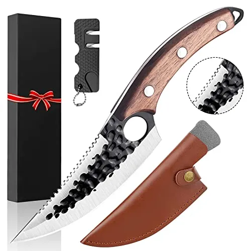 G-KiKi Japanisches Messer Profi Ausbeinmesser mit Holster und Messerschärfer, Küchenmesser Kochmesser Wikinger Messer mit Fingerloch und Holzgriff, Fleischmesser für Zuhause Grill Outdoor Camping