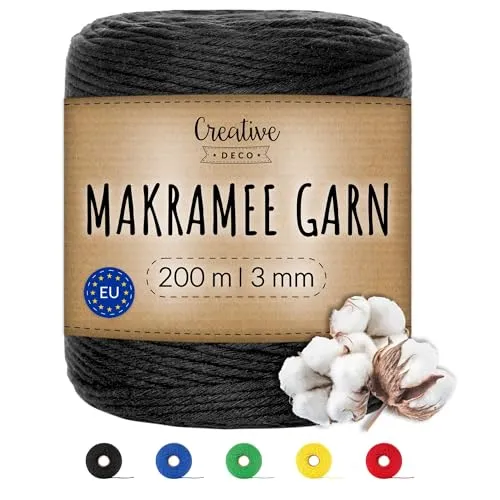 Creative Deco 200m Schwarz Makramee Garn 3mm | 656 Fuß | 15-lagig Schnur | Baumwollgarn Baumwoll Kordel Große Rolle Naturliche Stark | Macrame Cord 3mm für Basteln, DIY, Handwerk & Boho Deko