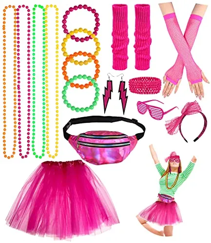 Jissta 80 90 Jahre Outfit Damen,Stirnband Ohrring Halskette Brille Tutu, Gürteltasche, 80er Kostüme Accessoires,für Frauen Mädchen Erwachsene 80 Jahre Thema Party Karneval Fasching