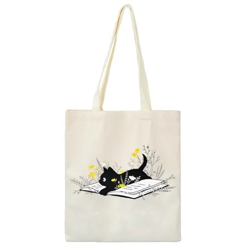 volumoon Katzen Canvas Tragetasche, Stoffbeutel Bedruckt, Wiederverwendbare Einkaufstasche, Faltbare Einkaufstasche aus Canvas, Tragetasche für Schule, Arbeit, Täglichen Einkauf, Strand, Reisen (A)