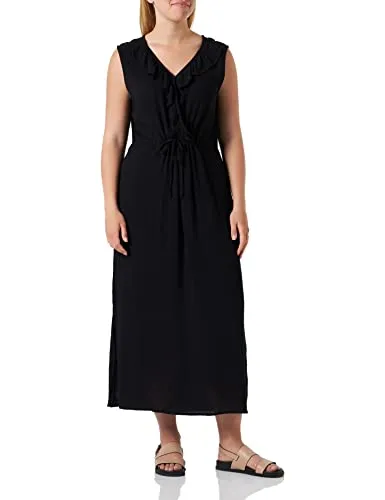 ICHI IHMARRAKECH SO DR10 Damen Freizeitkleid Kleid 100% Viskose Midikleid mit Schlitz V-Ausschnitt Ärmellos Regular-Fit, Größe:L, Farbe:Black (194008)