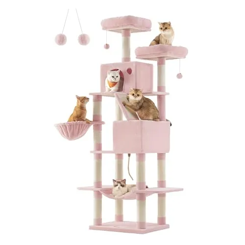Feandrea Kratzbaum groß, 206 cm hoch, XXL Katzenbaum, mit 13 Kratzsäulen, 2 Plattformen, 2 Höhlen, Korb, Hängematte, Plüschbälle, mehrstöckiger Katzenkratzbaum, pastellrosa PCT190P01