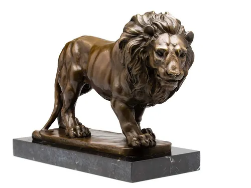 Bronzeskulptur Löwe - Antik-Stil Figur 38cm - Dekorationsobjekt im Antik-Stil, handgefertigte Bronze-Skulptur auf Steinplinthe, ideal für Kunstliebhaber und als beeindruckendes Wohnaccessoire.