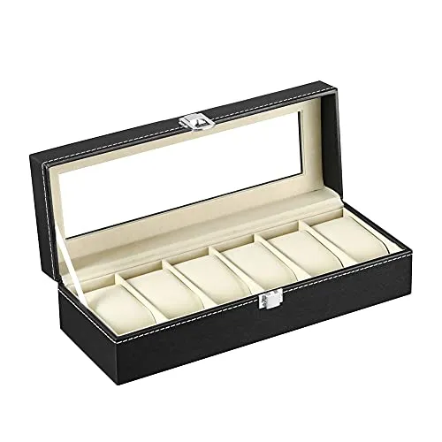 Uhrenbox Uhrenkasten, Uhrenbox Herren für 6 Uhren, mit Glasfenster, aus PU Leder und Samt, von Uhren und Schmuck Aufbewahrung (Schwarz-W04B)