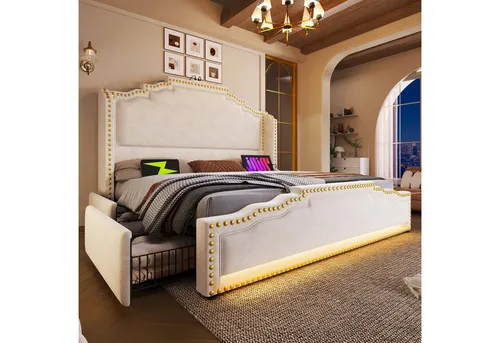 Flieks Polsterbett, Doppelbett 160x200cm mit LED-Beleuchtung 4 Schubladen und USB-Aufladen