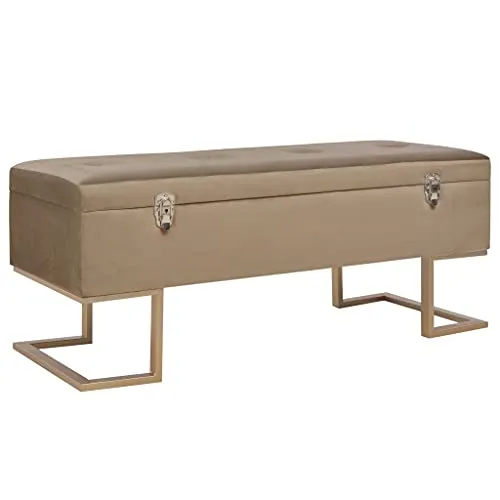vidaXL Beige Samt Sitzbank mit Staufach - Sitzbänke & -truhen, elegante Polsterbank mit innerem Staufach für zusätzlichen Platz und pulverbeschichteten Eisenbeinen in Goldfarbe für Stabilität.