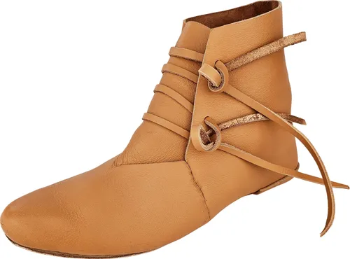 Vehi Mercatus Mittelalter Schuhe für Herren und Damen – Naturbraun Gr. 45 - Herren-Schnürhalbschuhe aus wendegenähtem Leder für authentisches Mittelalter-Feeling und hohen Tragekomfort.
