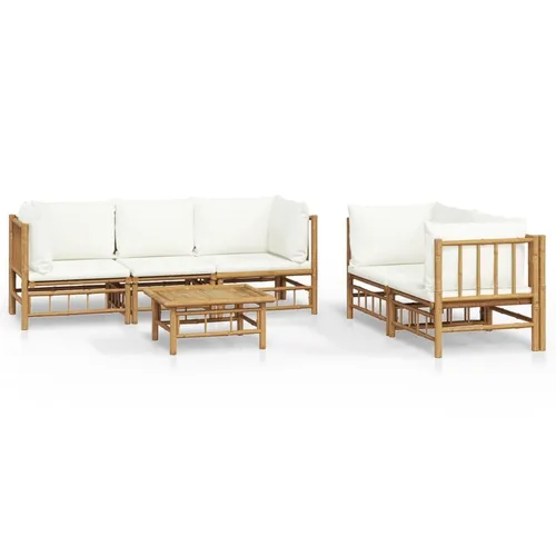 vidaXL 6-tlg. Garten-Lounge-Set mit Cremeweißen Kissen - Gartenmöbel aus robustem Bambus, ideal für entspannte Stunden im Freien. Mit bequemen, dick gepolsterten Kissen und praktischem Tisch für Speisen und Getränke.