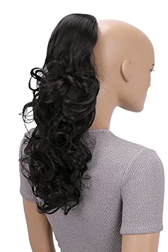 CAISHA 45cm Lang Haarteil Zopf Pferdeschwanz Haarverlängerung Mit Kordelverschluss Voluminös Gelockt Schwarzbraun PH19