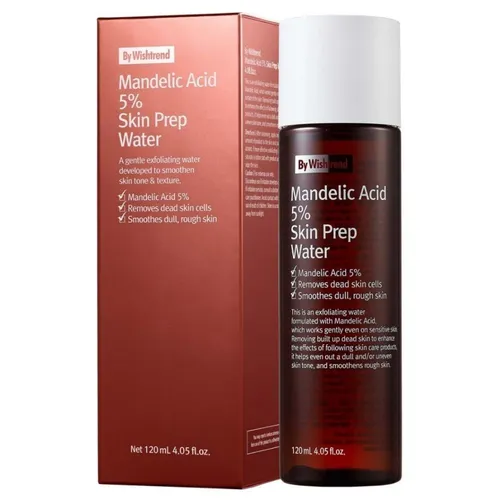 By Wishtrend Mandelic Acid 5% Skin Prep Water 120 ml - Gesichtsreiniger mit 5% Mandelsäure, perfekt für empfindliche Haut. Sanftes Peeling, das abgestorbene Hautzellen entfernt, während es beruhigt und hydratisiert.