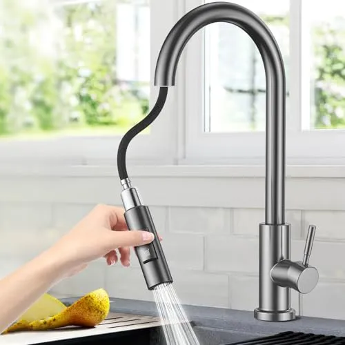 NIKYJM Wasserhahn Küche, Hoher Bogen Küchenarmatur mit Herausziehbarer Brause Ausziehbar Armatur 360° Schwenkbar, 2 Funktionen Einhebel Spültischarmatur Küche, Mischbatterie Spültischarmatur (Grau)