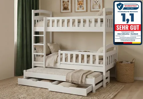 Kids Collective Hochbett 90x200 - Flexibles Etagenbett für Kinder - Ideal für Familien mit wenig Platz: Dieses Hochbett bietet Platz für bis zu drei Kinder und lässt sich flexibel in Einzelbetten umwandeln. Mit zwei Schubladen für zusätzlichen Stauraum und sicherem Rausfallschutz.