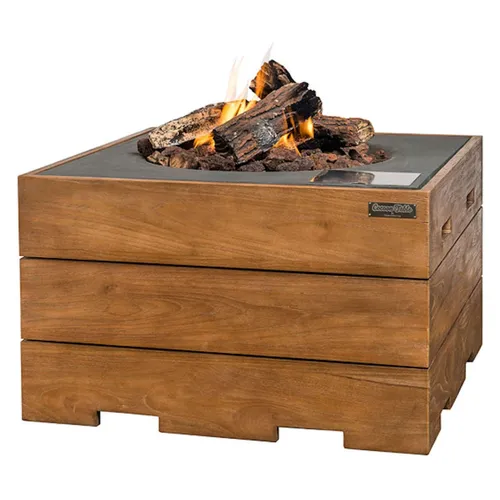 Happy Cocooning Mania Teakwood Feuertisch Schwarz mit 5kg Feuerstein - Quadratischer Feuertisch aus Teakholz, ideal für gemütliche Abende im Freien. Genießen Sie die Wärme und Atmosphäre mit geprüfter Qualität.