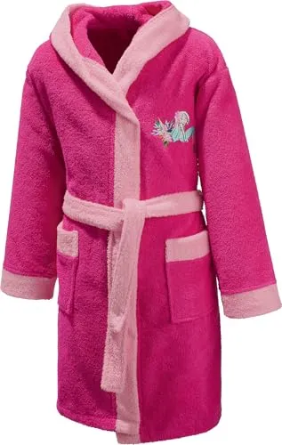 Erwin Müller Kinder-Bademantel mit Kapuze Frottier pink Größe 158/165 - weich, hautfreundlich, mit aufgesetzten Taschen, Bindegürtel, Stickerei Meerjungfrau