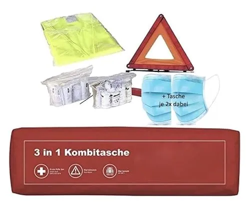 3in1 KFZ Verbandskasten Kombitasche 2025 Trio mit Warnweste, Erste Hilfe Set und Warndreieck (Rot)