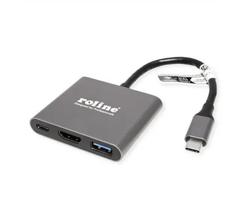 ROLINE Display Adapter USB Typ C - HDMI Computer-Adapter USB Typ C (USB-C) Männlich (Stecker) zu HDMI Typ A Weiblich (Buchse), 10.0 cm, USB 3.2 Gen 1 Typ A, Typ C PD