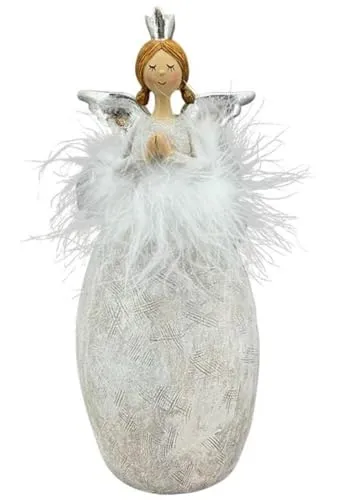 EXNER nostalgischer Kleiner Deko Engel mit silbernen Flügelchen und Krönchen und weißer Federboa