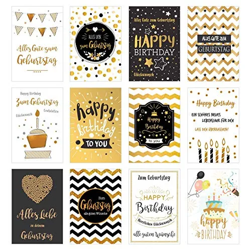 Edition Seidel Set 12 exklusive Premium Geburtstagskarten mit feiner Goldprägung und Umschlag. Glückwunschkarte Grusskarte Geburtstag Geburtstagskarte Mann Frau Karten Happy Birthday Billet Sprüche