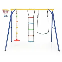 COSTWAY 4-in-1 Kinderschaukel mit Basketballkorb und Kletterleiter