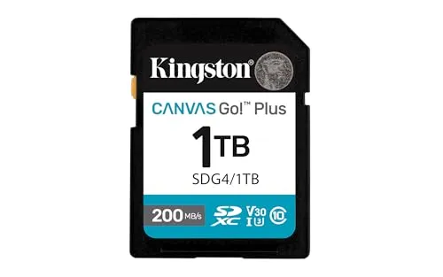 Kingston Canvas Go! Plus SD 1TB - 200MB/s - SDXC Speicherkarte mit 1 TB Kapazität und blitzschnellen Übertragungsgeschwindigkeiten von bis zu 200MB/s, ideal für Videos in 4K-Qualität.