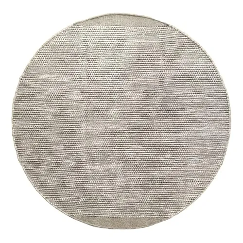 MY-RUG handgewebter Teppich rund 150 cm aus Wolle | weicher Wollteppich Wohnzimmer | handgemachter Vorleger-Teppich | flach gewebter Küchenvorleger | Wendeteppich aus Naturfaser | beige Creme grau