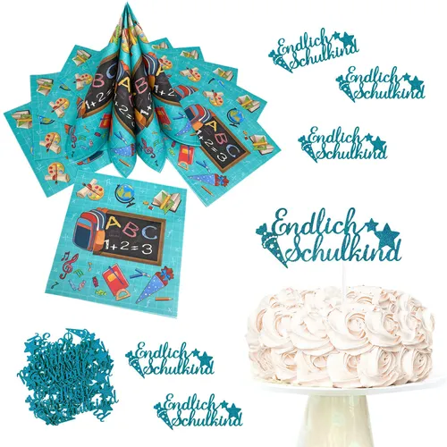 Schuleinführung Einschulung Deko Set - Torten Topper + 20 Servietten + Konfetti