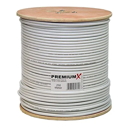 Premium X 250m Koaxialkabel - 135dB 4-fach geschirmt - HiFi-Kabel für Satelliten- und Kabelfernsehinstallationen, exzellente Verarbeitung mit 135 dB und 4-fach Schirmung, ideal für HDTV und 4K.