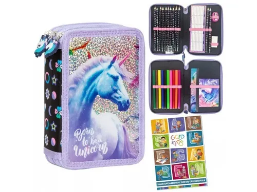 Einhorn Federmappe 2-Fach 27-teilig mit Hausaufgabenheft - Federmappen & Schlamperrollen mit hochwertiger Verarbeitung und praktischem Reißverschluss, ideal für kreative Schüler und ihre Schulmaterialien.