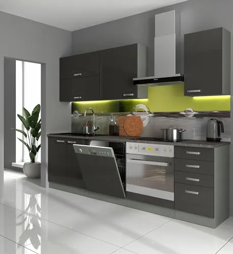 Küche Bianca Basic II 240 Küchenzeile Glanz Grau - Küchenzeile in 240 cm, modernes Hochglanz Grau, bietet viel Stauraum und ist ideal für jedes Zuhause.