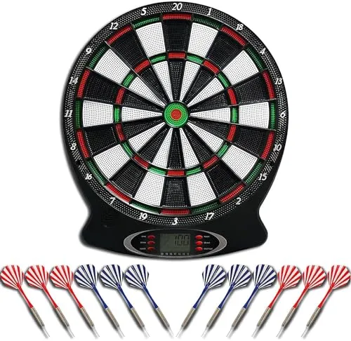 Brovamo Dartscheibe Elektronisch, Elektronische Dartscheibe mit 12 Dartpfeile & 30 Ersatzspitzen, E Dartscheibe mit Stimme & LCD-Display, Dart Scheibe Batteriebetrieb, Elektrische Dartscheibe