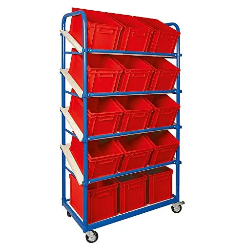 BRB Schrägboden-Regalwagen mit 5 Ebenen und 15 Euroboxen (rot) - Mobiler Regalwagen mit 5 Etagen und 15 praktischen Euroboxen für eine organisierte Lagerung von Kleinteilen. Ideal für effiziente Materialbereitstellung in Lager und Produktion. Maße: 1050x500x1880 mm, 4 Lenkrollen für einfache Mobilität.