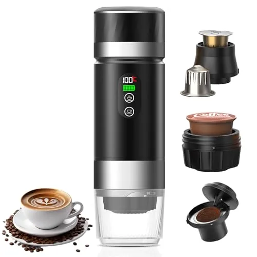 Tragbarer Espressomaschine-Auto,Elektrisch Beheizte Reisekaffeemaschine mit USB-C,Kompatibel mit NS-Kapseln und Gemahlenem Kaffee,Mini-Kaffeemaschine für Camping,Büro und Wandern (Schwarz Pro)
