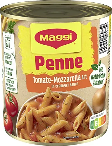 MAGGI Penne Tomate-Mozzarella Art - Nudelgerichte mit fruchtiger Tomatensauce und cremigem Mozzarella, ideal für schnelle Zubereitung im Topf oder in der Mikrowelle, perfekt für Festivals und unterwegs.